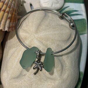 Seafoam Green Authentic Sea Glass Stainless Steel Bangle Bracelet w/Palm Tree